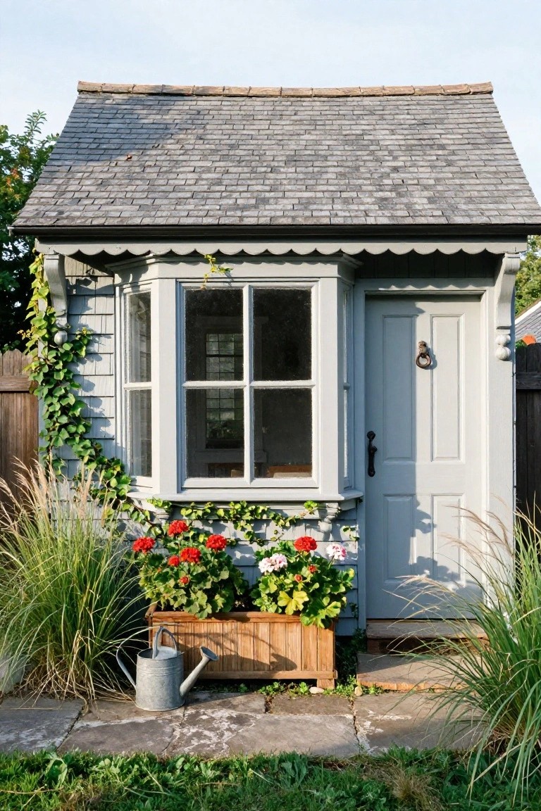 Gray clapboard cottage with a projecting bay window framed in white trim under scalloped eaves, flanked by ivy and potted geraniums on a stone path.