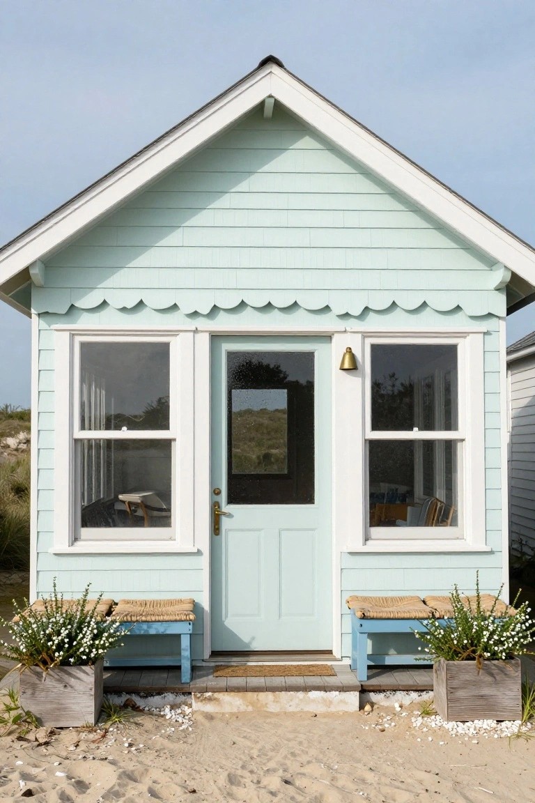 Light blue clapboard beach cottage with white scalloped trim above the double windows and entry door, blue benches with potted plants flanking the turquoise door, sandy ground and dunes in front.