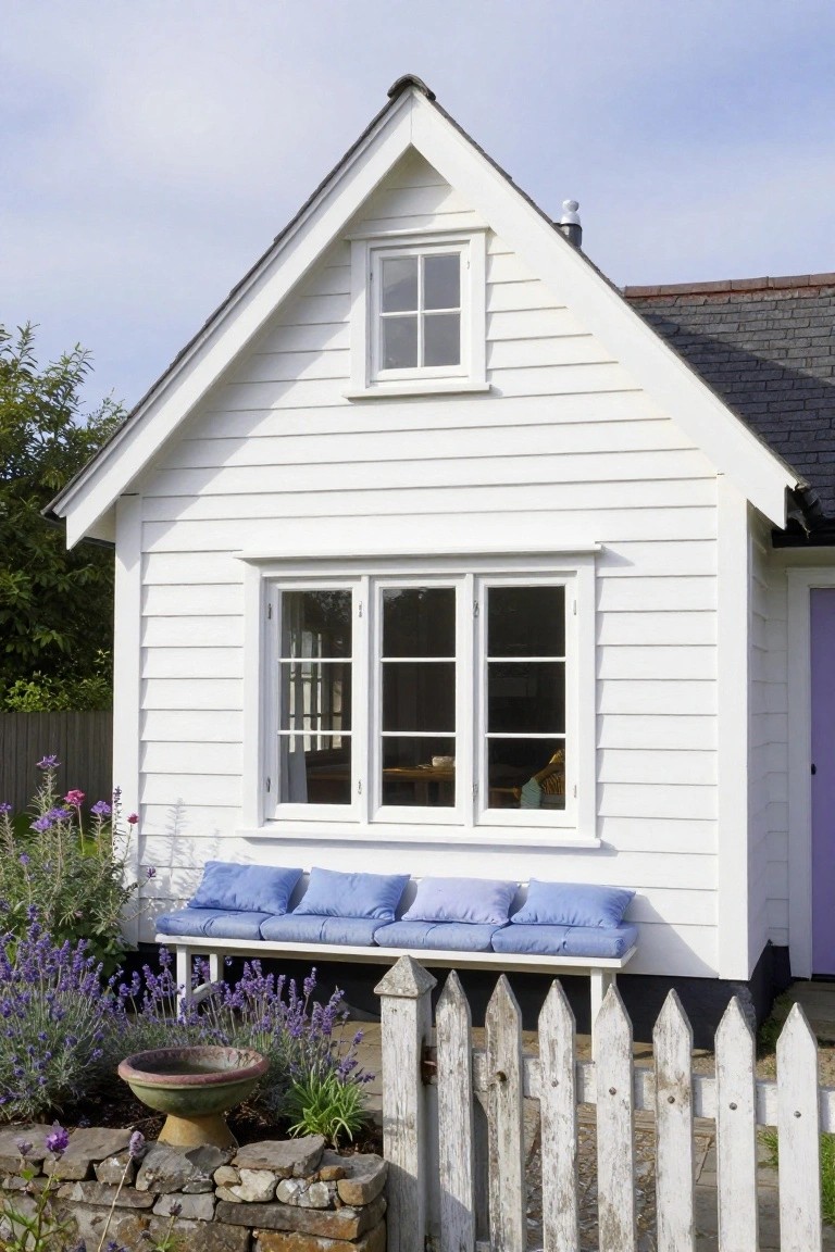 White clapboard cottage with gabled roof, small upper window, large lower triple window with white trim, built-in blue bench, purple door, lavender plants, terracotta birdbath, and weathered white picket fence.