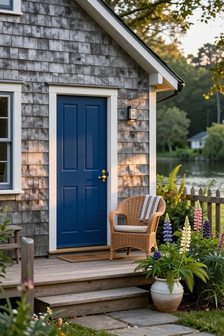 Gray shingled cottage exterior featuring a bright blue paneled front door with brass knob, wicker armchair with striped throw on wooden porch steps, potted plants and foxglove flowers beside picket fence, lake in background.
