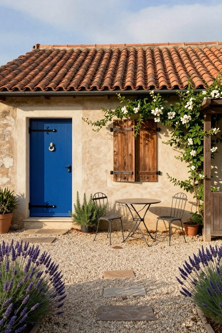 Stone cottage exterior featuring a bright blue front door with brass knocker, wooden shutters on adjacent window, climbing white flowers on trellis, small bistro table and two chairs on gravel patio edged with lavender plants.