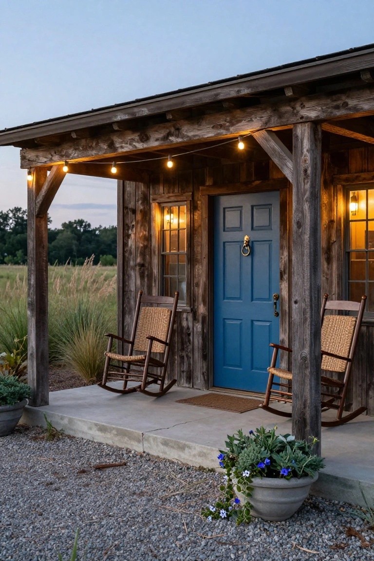 Rustic wooden cabin exterior with a bright blue front door, wicker rocking chairs on the porch, string lights overhead, potted plants, and gravel ground in front of tall grasses at dusk.