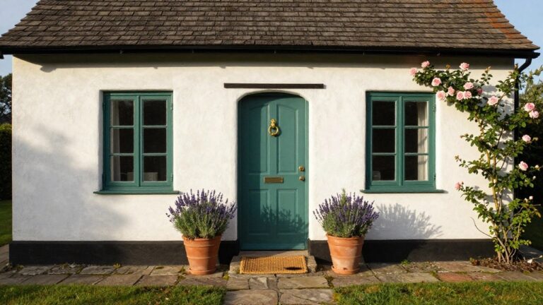 White clapboard cottage with slate roof, teal front door with brass knocker and letterbox, green window frames, climbing pink rose bush, and terracotta pots of lavender flanking stone steps.