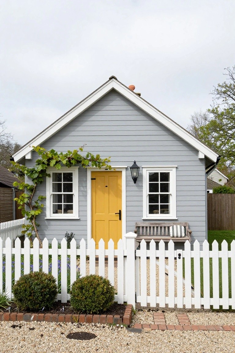 Small gray clapboard cottage exterior with yellow front door, white-framed windows, black lantern light, wooden bench, climbing vines on left side, white picket fence, boxwood shrubs, and gravel path.