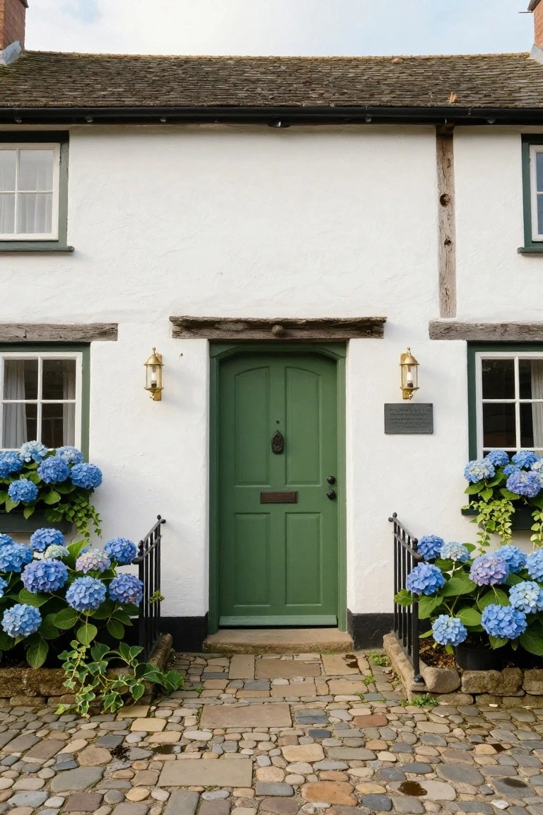 White cottage exterior with dark green paneled front door, blue hydrangea planters flanking the entrance, brass lanterns on walls, timber beams, and cobblestone path.