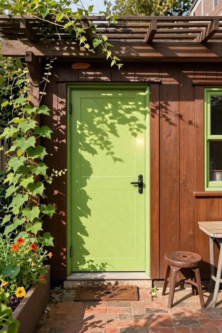 Wooden garden shed with bright green paneled door and matching green window, dark wood siding, vines on pergola overhead, potted flowers and plants nearby, brick path, wooden stool, and table edge visible.