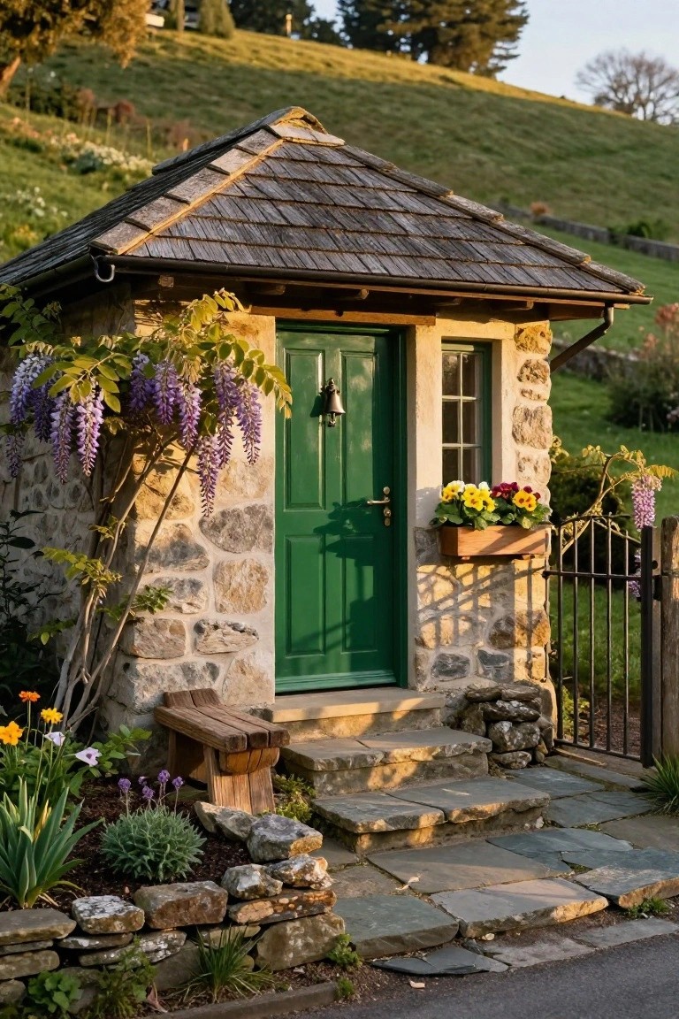 Small stone cottage with green front door, wisteria vines on one side, flower box of pansies on the other, wooden bench at base of steps, black metal gate, surrounded by plants and rocks on a hillside.