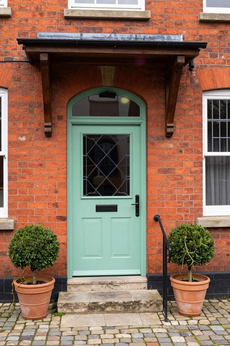 Red brick cottage facade featuring a mint green paneled front door with leaded glass, under a wooden porch overhang, flanked by two terracotta pots of trimmed boxwood shrubs on a stone step and cobblestone path.
