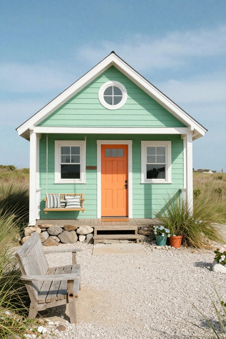 Small mint green clapboard cottage with white trim, gabled roof featuring round window, orange front door, hanging porch swing with cushions, wooden bench, potted plants, rocks, and sea grass on gravel path under blue sky.