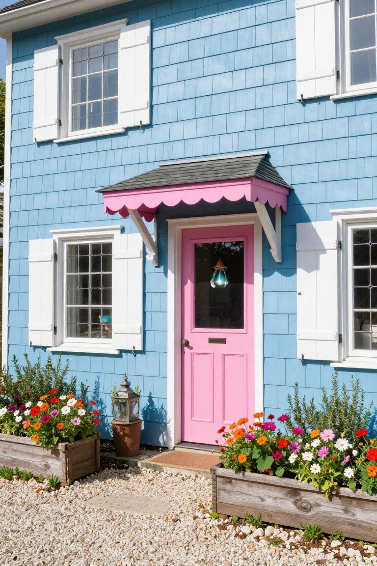 Blue shingled cottage with white shutters, a pink front door under a pink awning, flanked by wooden flower boxes with colorful blooms on a gravel driveway.