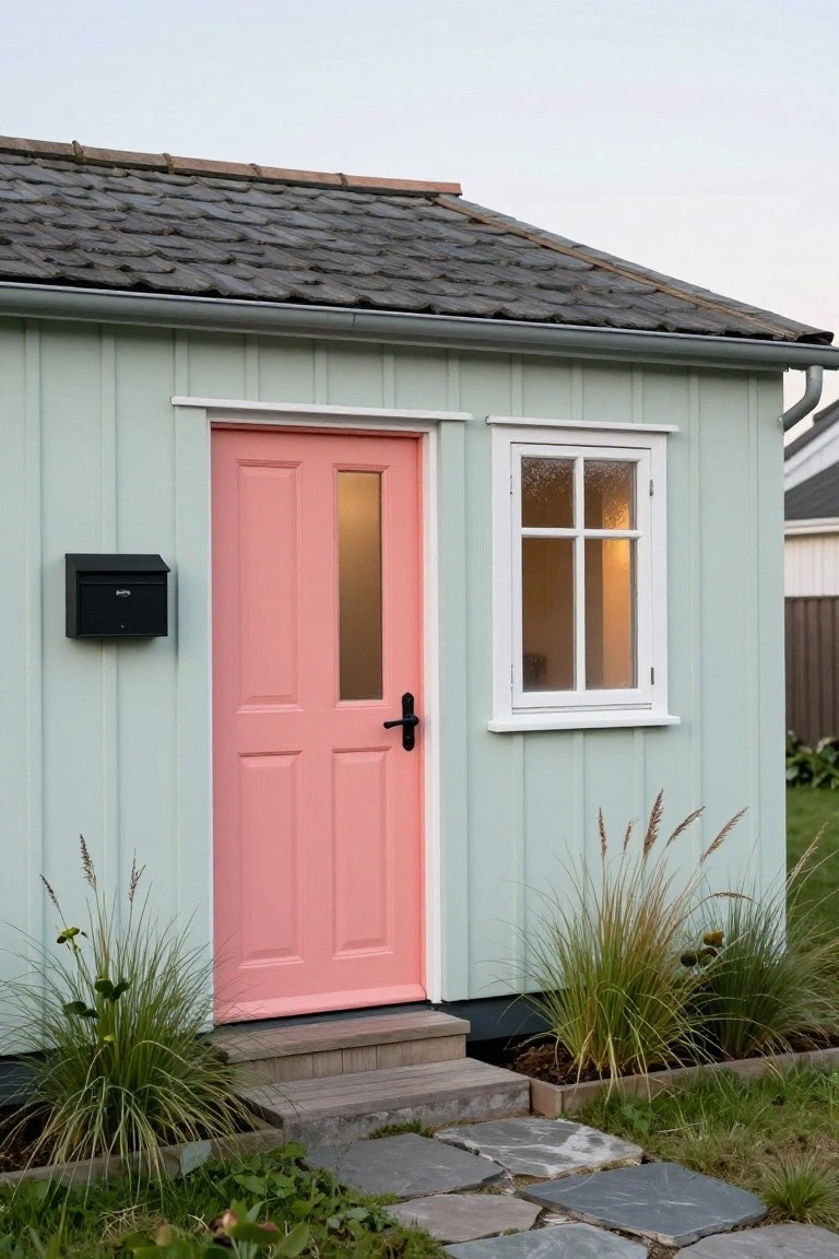 Small pale green shed with pink paneled front door, white window, black mailbox, wooden steps, and ornamental grasses in a garden setting.