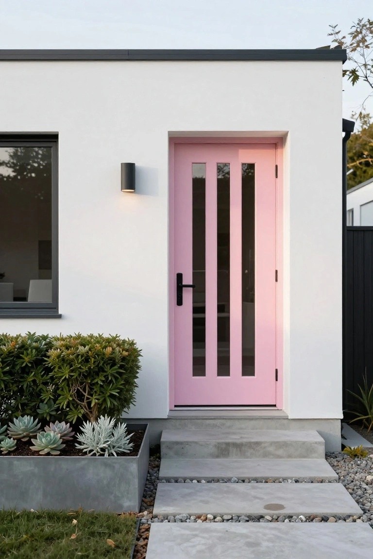 White modern house exterior with black trim and roof, pink front door featuring three vertical glass panels and black handle, black wall light, boxwood shrubs, metal succulent planter, concrete steps, and gravel path.