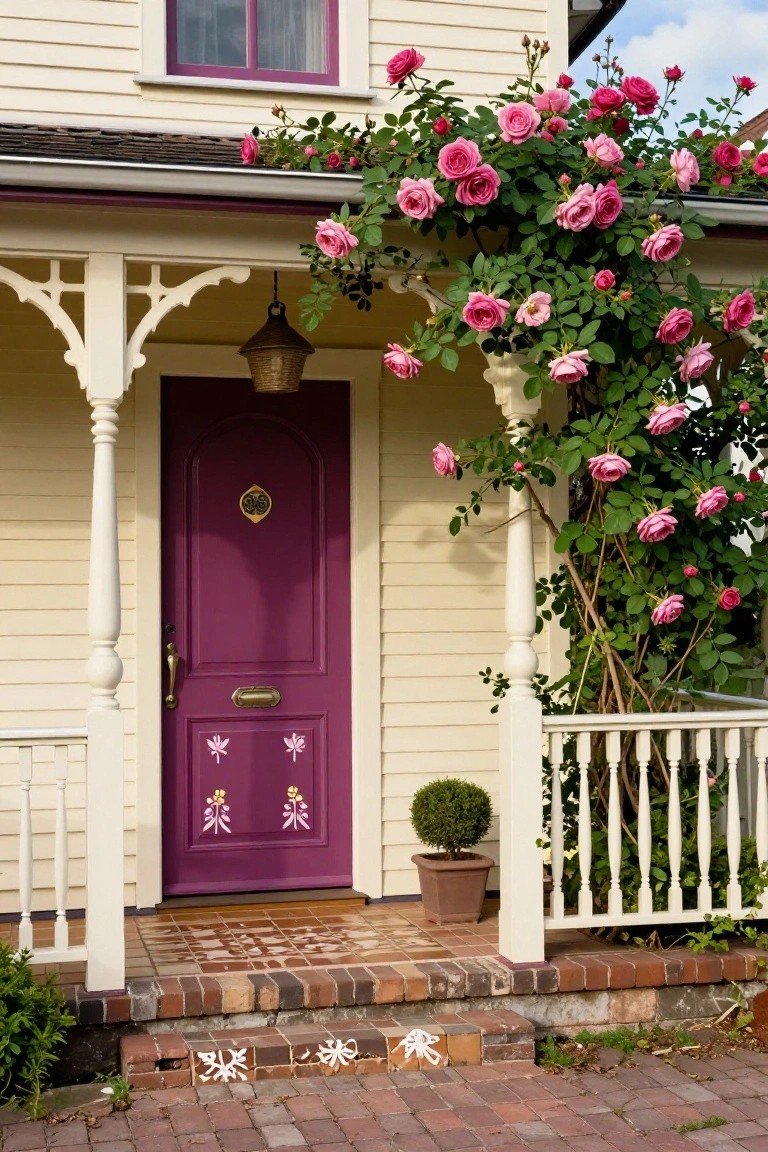 Cream-colored cottage with purple arched front door featuring gold knocker and pink flower decals, white porch columns, pink climbing roses, potted topiary, and brick steps with decorative tiles.