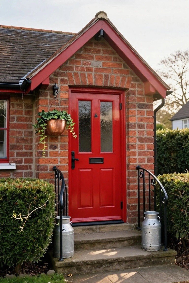 Brick cottage porch with bright red double-glazed front door, flanked by galvanized milk churns on stone steps, copper hanging planter with ivy, black iron railing, and boxwood shrubs.