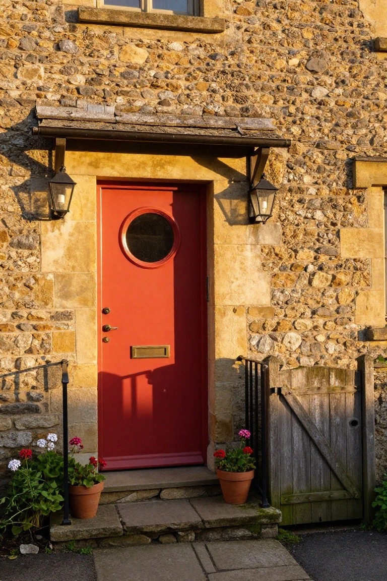 Stone cottage exterior with yellow-toned walls, a red front door featuring a circular porthole window, black lanterns flanking the door, potted geraniums on stone steps, and a wooden gate to the side.