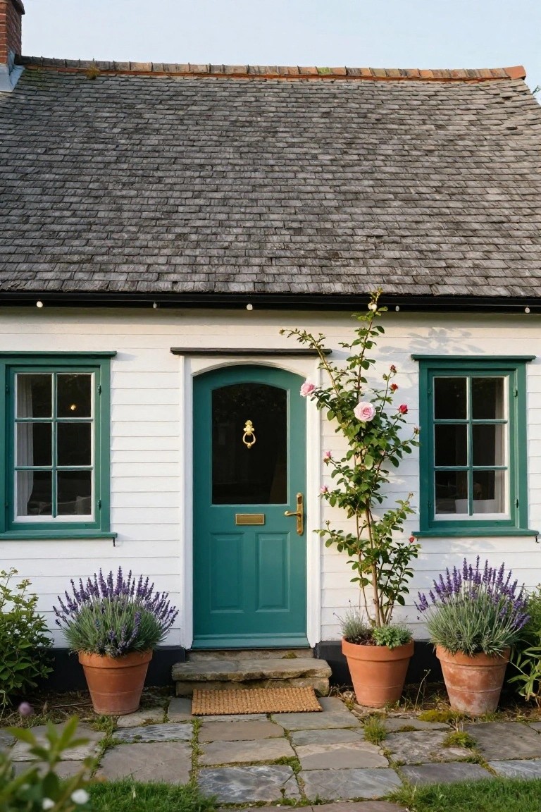 White clapboard cottage with slate roof, teal front door with brass knocker and letterbox, green window frames, climbing pink rose bush, and terracotta pots of lavender flanking stone steps.