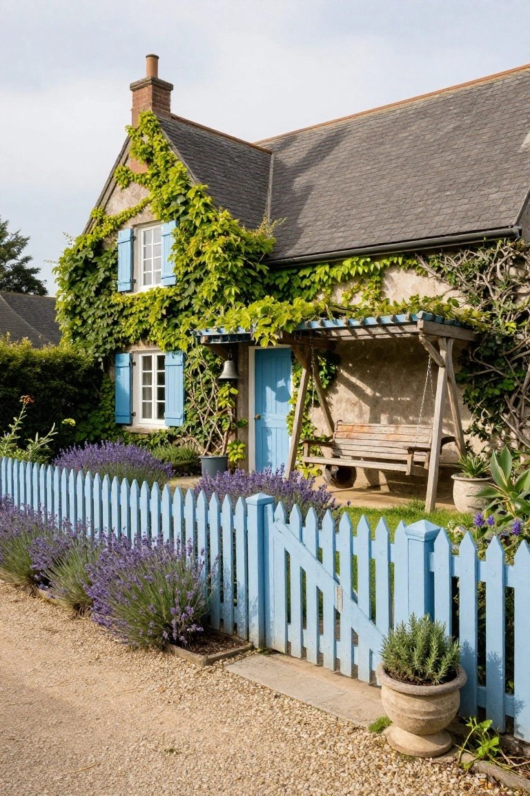 A two-story stone cottage with green ivy climbing its walls, blue shutters and front door, wooden porch swing under a trellis, lavender bushes lining a blue picket fence, and gravel path in front.
