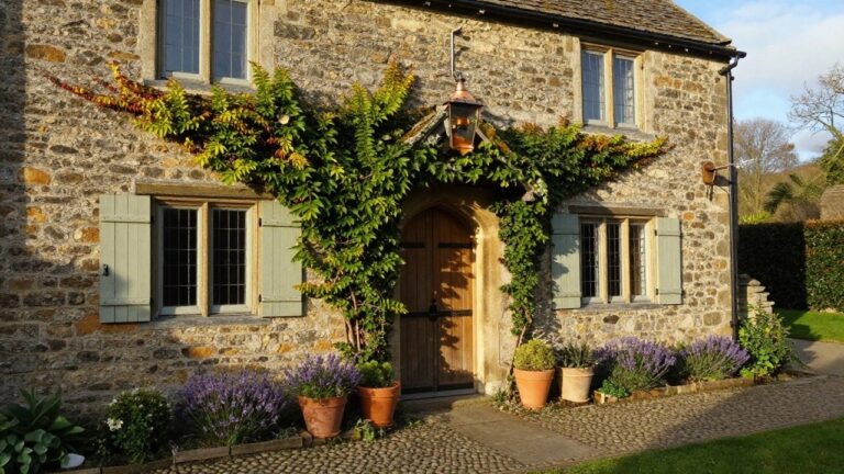 Stone cottage exterior featuring ivy climbing over the walls and framing an arched wooden front door, with green shutters on multipane windows, a hanging lantern, potted lavender plants on either side, and a cobblestone pathway leading up to the entrance.