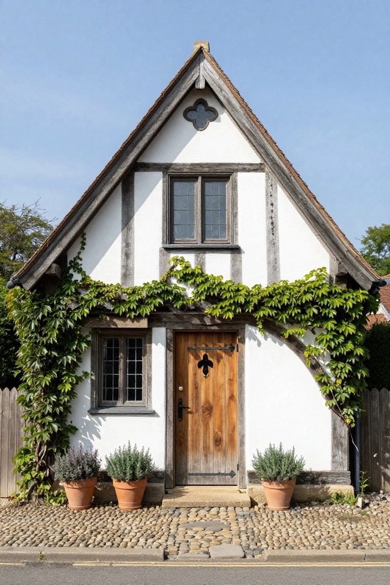 White half-timbered cottage with dark wooden beams, green ivy climbing the walls, leaded glass windows, oak front door with black knocker, two terracotta pots of lavender, and cobblestone path in front.