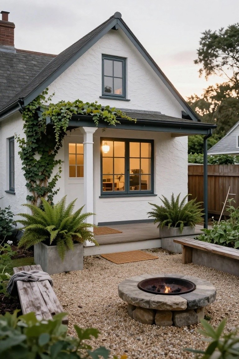 White cottage with green ivy climbing left wall and porch column, dark-trimmed windows glowing warmly, potted ferns flanking entry steps, gravel yard with stone fire pit and weathered wooden bench.