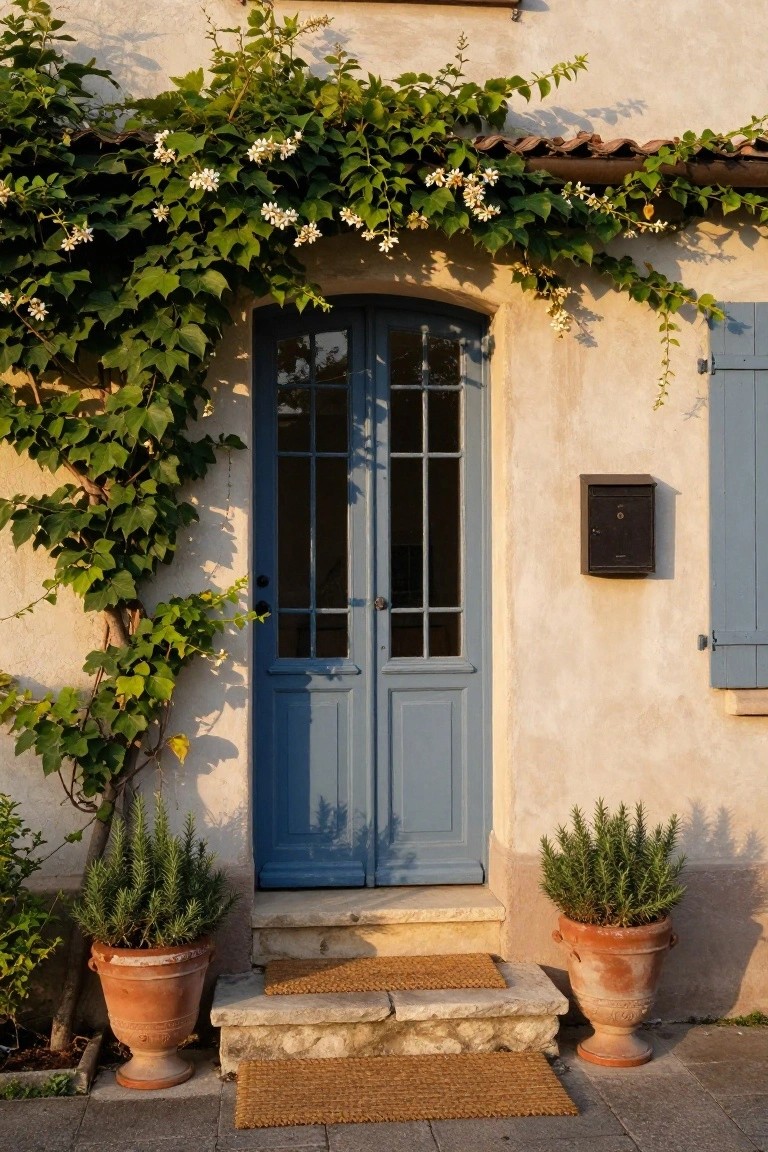 Beige stucco house wall covered in green ivy with white star-shaped flowers draping over a blue double door entry with window panes, flanked by two terracotta pots of rosemary plants on stone steps with woven mats.