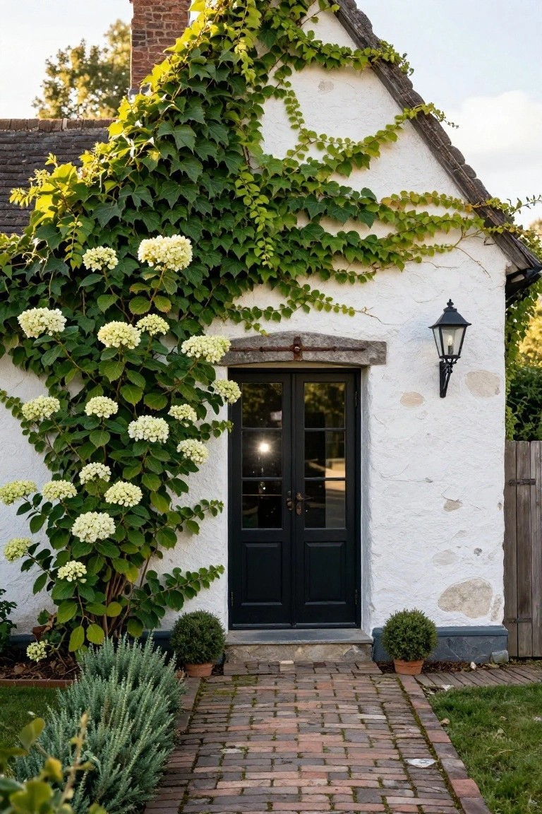 White plaster cottage exterior covered in green ivy vines and clusters of white hydrangea blooms, with a black double door, wall lantern, boxwood shrubs in terracotta pots, and brick pathway.