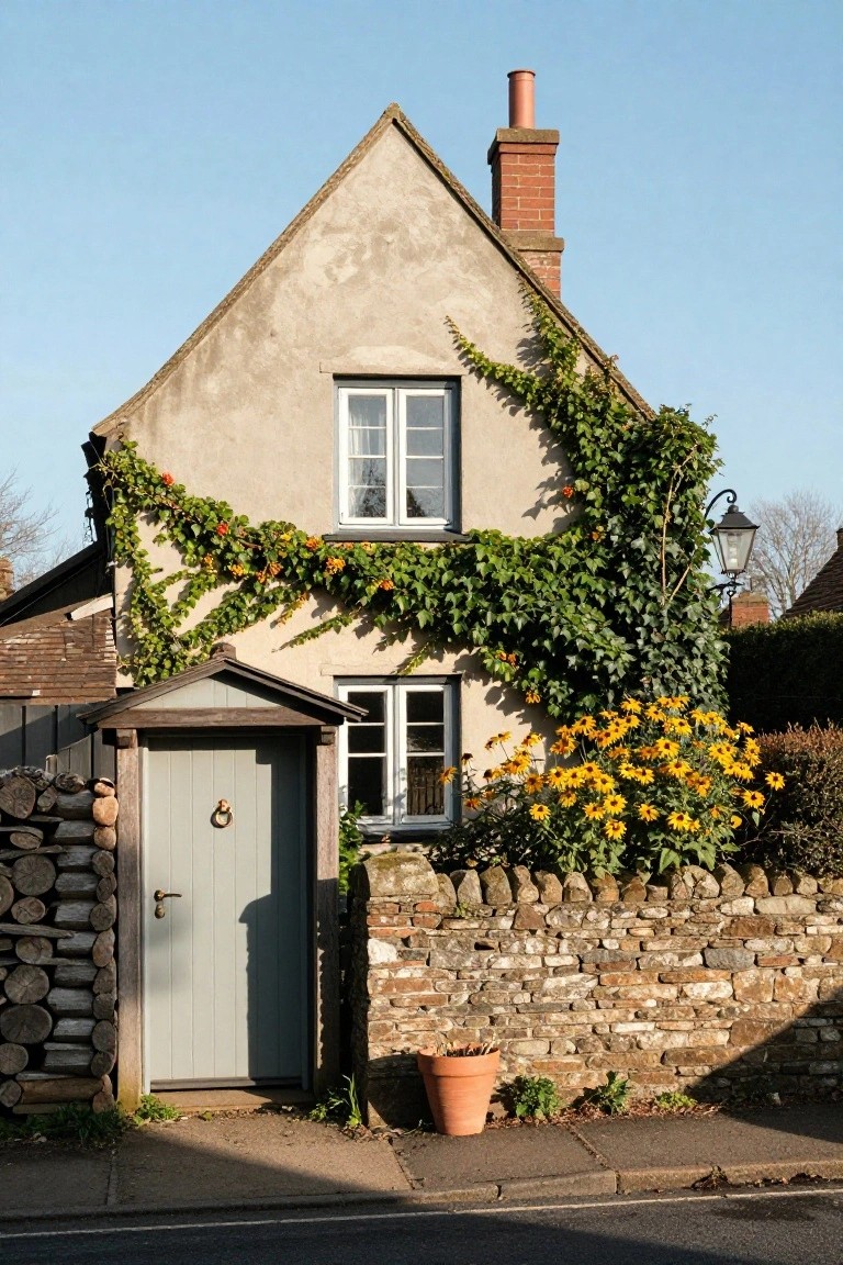A two-story beige stone cottage with green ivy climbing the walls, a green front door under a small porch, white-framed windows, brick chimney, stone boundary wall, stacked firewood, potted plant, and yellow flowers along the front path.