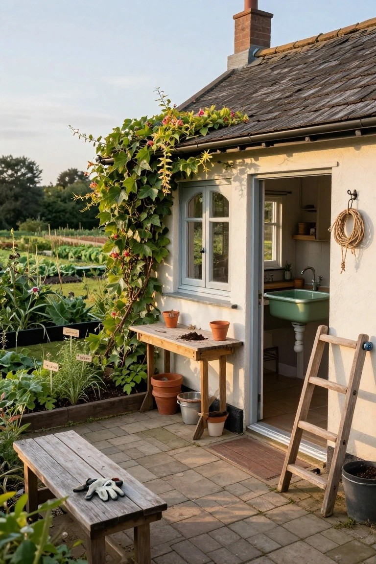 White plaster cottage with green ivy climbing extensively up the walls and roof edge, open door to a small interior space with green sink, wooden potting bench, ladder, bench, and surrounding raised garden beds on a brick patio.