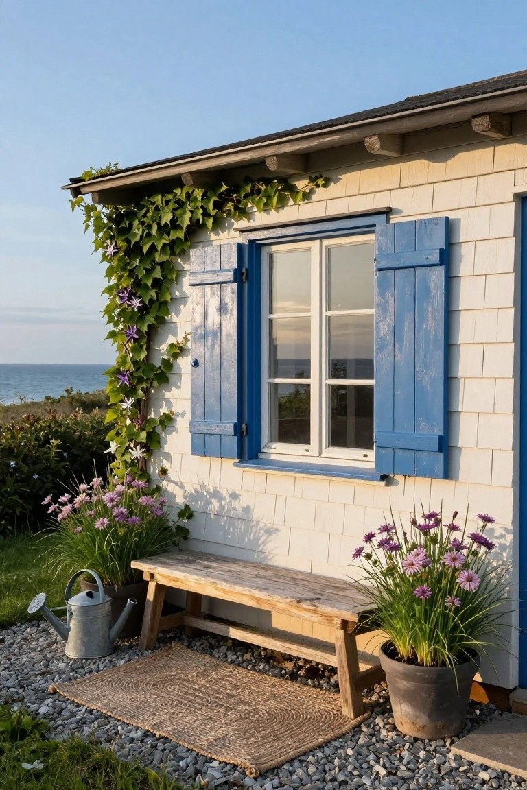 Corner view of a light shingled cottage exterior with climbing ivy on the walls beside a double window with blue shutters, a wooden bench, potted purple flowers, and a metal watering can on a gravel area near grass and ocean.