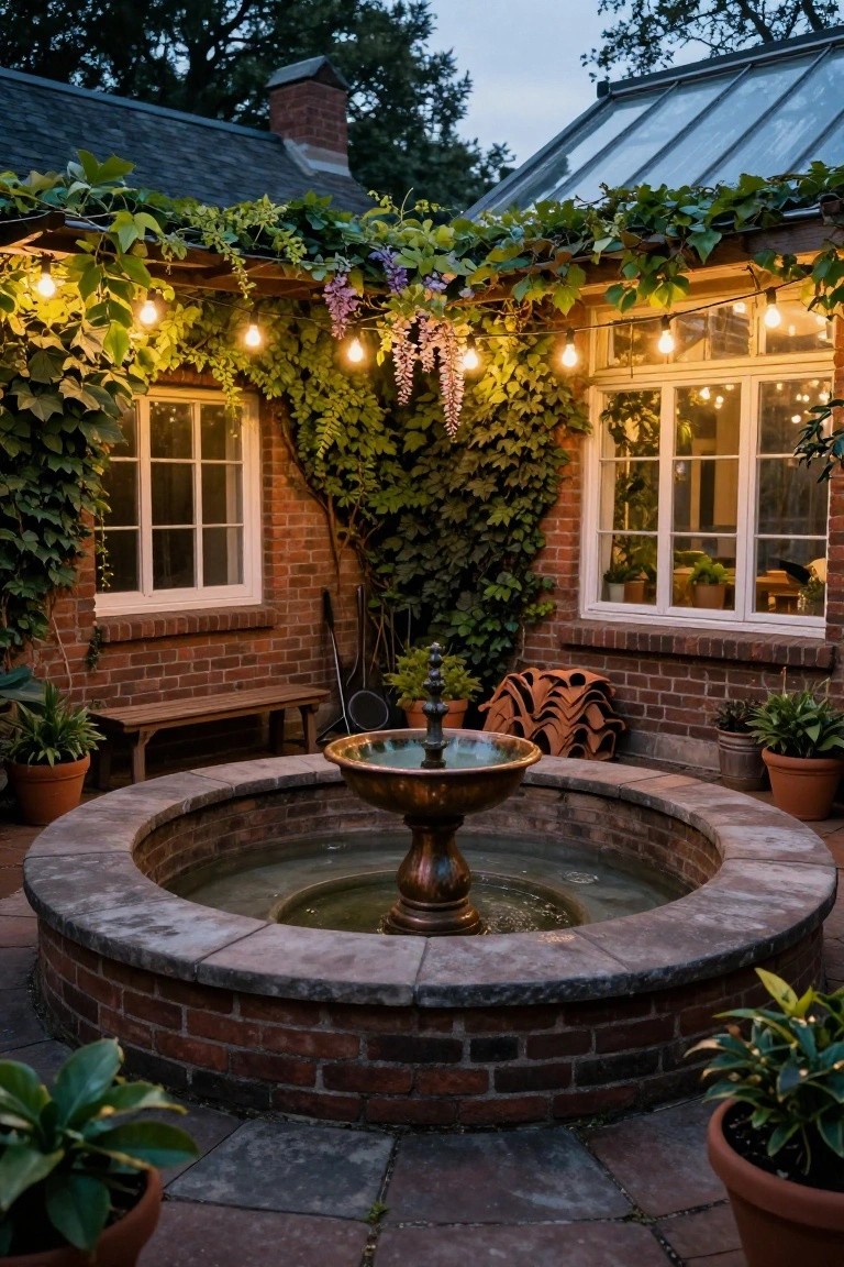 Brick courtyard at dusk with central bronze fountain, ivy-covered brick walls and greenhouse corner, string lights overhead, wooden bench, potted plants, and terracotta tiles.