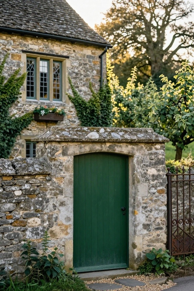 Stone cottage exterior wall partially covered in green ivy, featuring a dark green arched wooden door in a stone archway, with a window above having a flower box, plants at base, and wrought iron gate nearby.