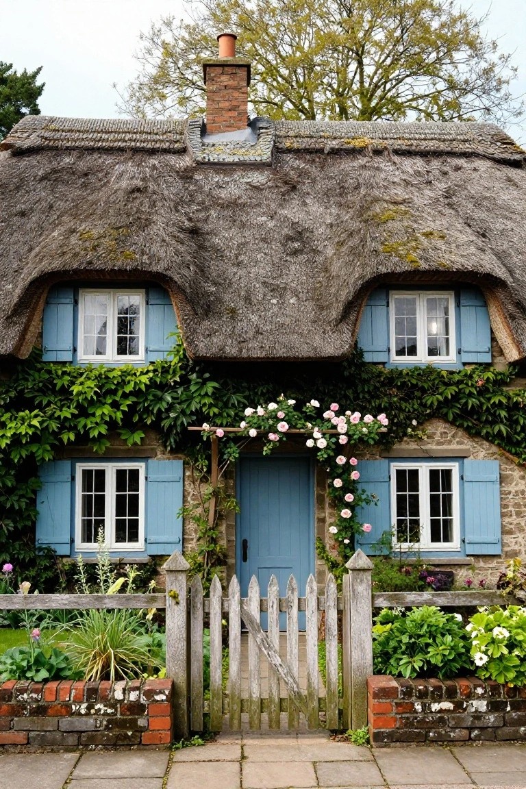 Thatched roof cottage with green ivy climbing textured stone walls, blue shutters and door, pink climbing roses over the arched entryway, wooden picket gate, and flower beds along brick edging.