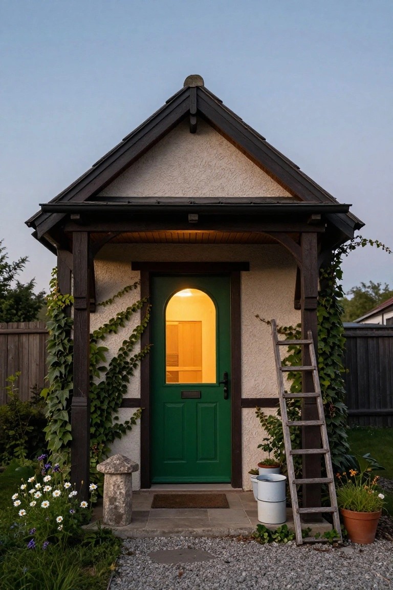 Small timber-framed cottage with light stucco walls partially covered in green ivy, arched green door with warm interior light, wooden porch overhang, leaning wooden ladder, potted plants, galvanized buckets, stone post, doormat, and gravel path in front yard at dusk.