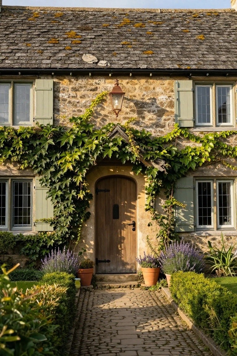 Stone cottage exterior featuring ivy climbing over the walls and framing an arched wooden front door, with green shutters on multipane windows, a hanging lantern, potted lavender plants on either side, and a cobblestone pathway leading up to the entrance.