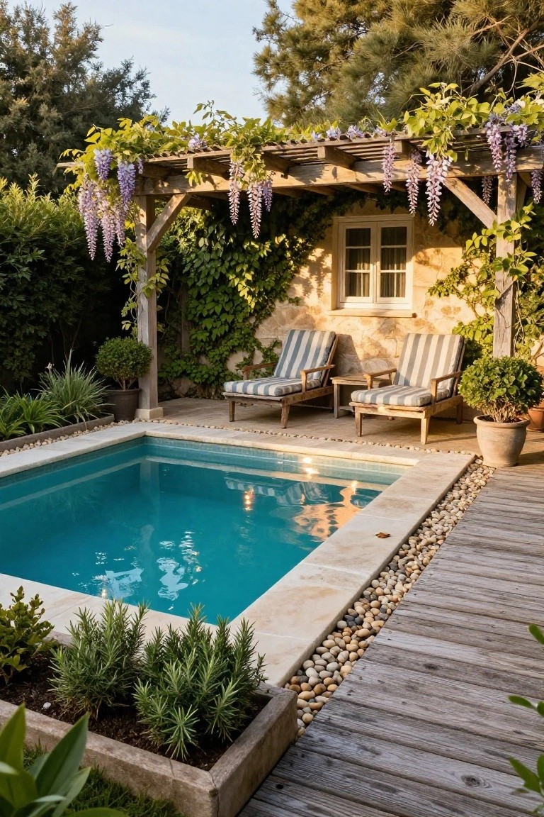 Small turquoise plunge pool edged in stone and pebbles with two striped lounge chairs under a wooden pergola covered in purple wisteria, next to ivy-climbing beige stone wall and wooden deck path.