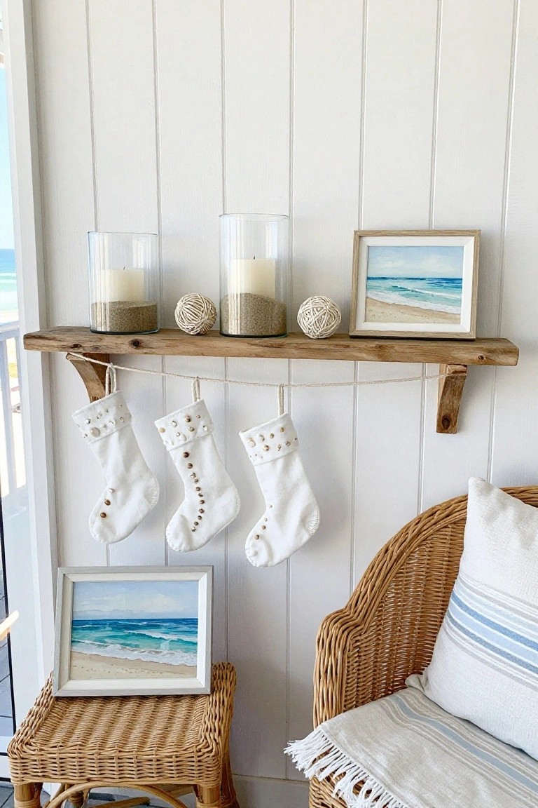 Wooden wall shelf on white shiplap wall displays glass candles with sand, seagrass balls, and a small framed ocean painting, with three white beaded Christmas stockings hanging from rope below it, next to a wicker armchair with cushions and throw on a balcony with ocean view.