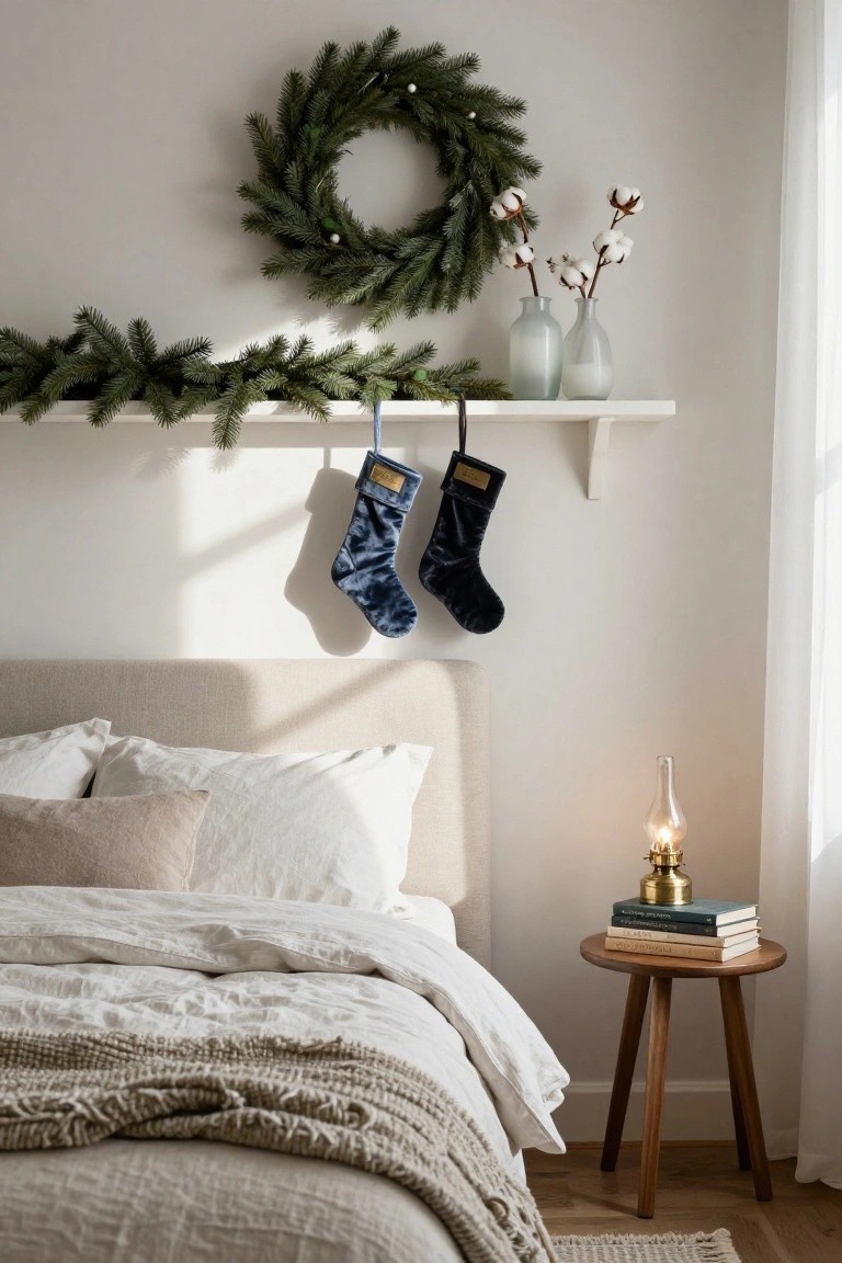 White floating shelf above a bed draped with green pine garland and two navy velvet Christmas stockings hanging from hooks, with a green wreath on the wall and white glass vases holding cotton stems on the shelf.