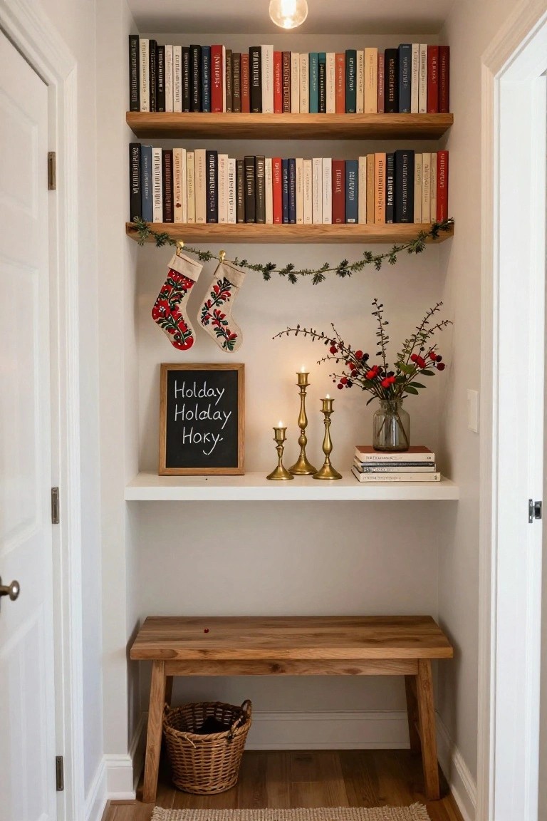 Narrow white alcove with wooden bookshelves stocked with books on two levels, hanging Christmas stockings with greenery, gold candlesticks and berry branches on a lower white shelf, wooden bench with wicker basket, and seagrass rug on wood floor.
