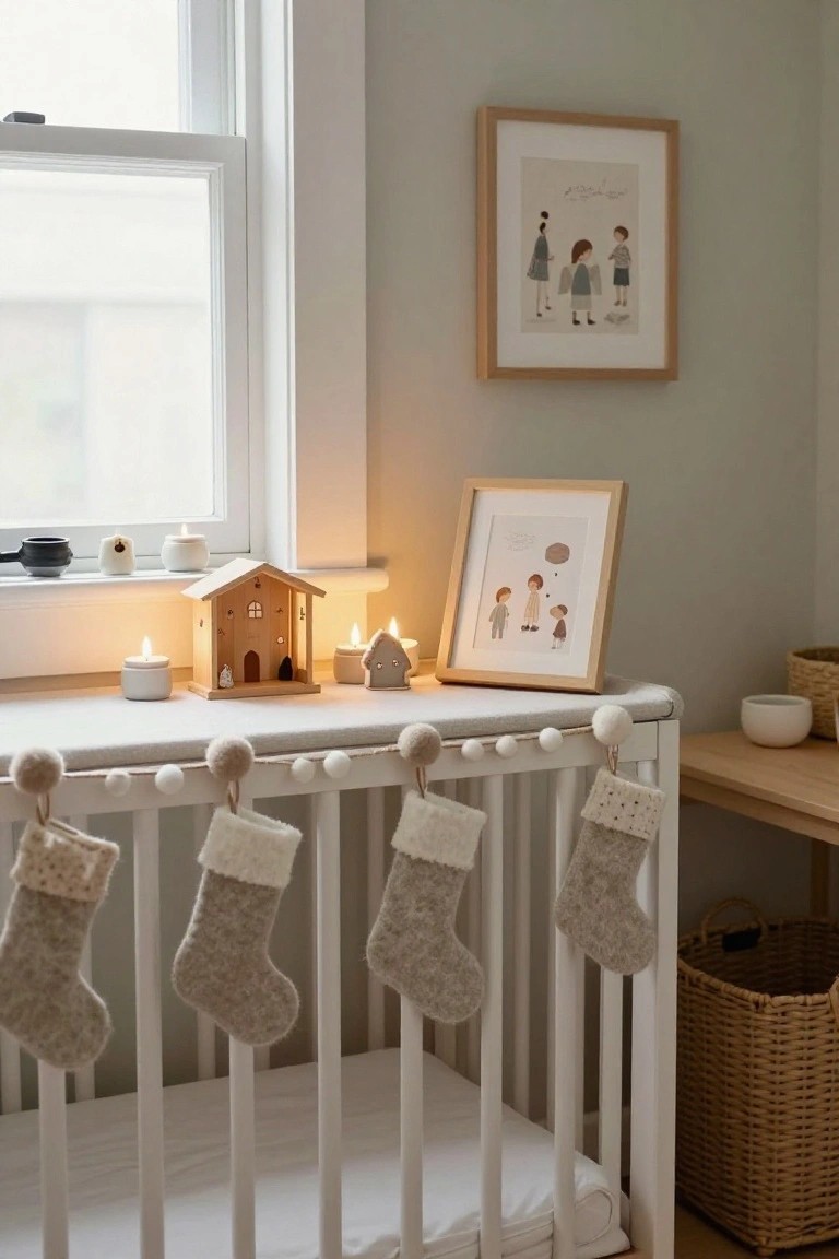 White crib with rails decorated by four hanging gray knit Christmas stockings, windowsill holding candles and a wooden house model, plus framed artwork on pale green wall in a nursery room.