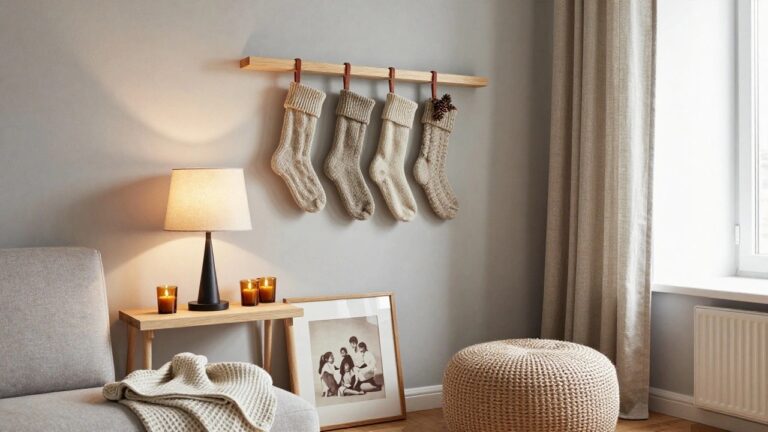 18 Cozy Apartment Christmas Mantle Ideas for Compact Spaces Light gray corner of an apartment living room with a wooden shelf holding candles, pinecones, and a framed family photo; white knit stockings hang from leather straps on the shelf above a cream fabric sofa draped with a knit throw, next to a window with sheer beige curtains and a radiator.