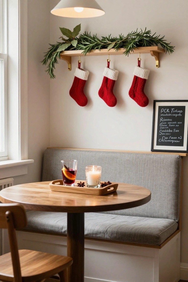 Small kitchen breakfast nook with gray built-in bench around a round wooden table holding a wooden tray with glasses of mulled wine garnished with orange slices and star anise plus a lit candle, red knit Christmas stockings hanging from hooks on a wooden wall shelf lined with rosemary and bay leaves, and a chalkboard nearby.