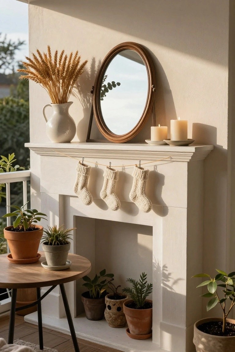 White fireplace mantel with three white knitted stockings hanging from string clips, oval wood mirror and candles on the shelf, wheat bundle in a white jug beside it, potted plants on a small round table and floor, balcony railing visible.