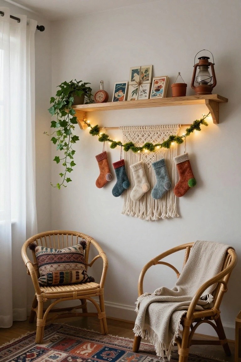 Cozy apartment living room corner with two rattan armchairs on a patterned rug, wooden wall shelf holding books frames plants and a lantern, ivy plant trailing down, and a macrame wall hanging with fairy lights greenery and five colorful knit Christmas stockings.