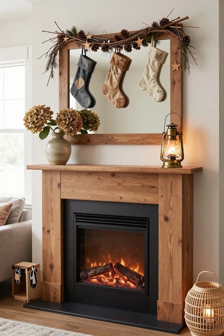 Rustic wooden fireplace mantel with large framed mirror above, decorated with twig and pinecone garland, assorted hanging stockings, hydrangea vase, brass lantern, and small woven basket lantern nearby in a cozy indoor room.