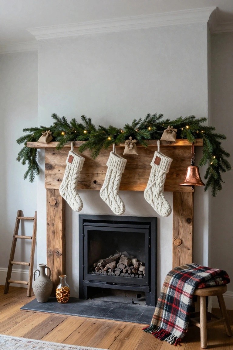 Rustic wooden mantel above a gas fireplace decorated with three white knitted Christmas stockings, evergreen garland with lights and small wooden ornaments, flanked by a ladder, vase, and plaid blanket on a stool in a light wood floor living room.