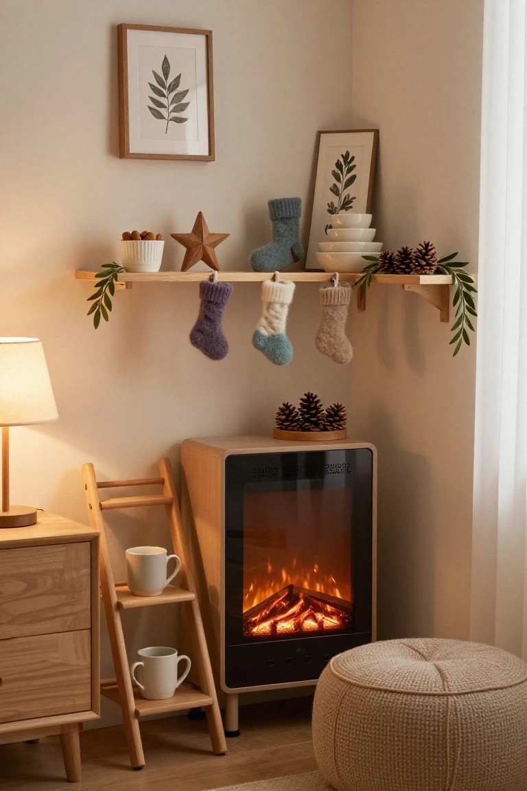 Beige indoor corner with wooden floating shelf displaying colorful knit Christmas stockings, pinecones, nuts, and eucalyptus garlands, next to an electric fireplace, wooden side table with mugs on ladder shelf, and cream pouf.