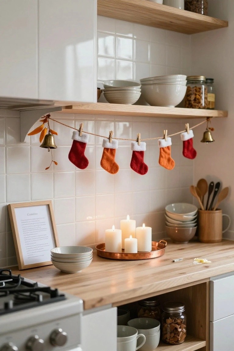 Kitchen with white cabinets and wooden open shelves holding white bowls, jars, and dishes, mini red and orange Christmas stockings with white cuffs and bells hanging from a twine line secured by clothespins below the shelves against white subway tile backsplash, several lit candles in brass holders on oak countertop near stove.