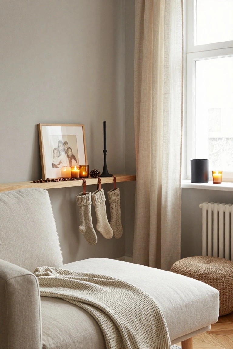 Light gray corner of an apartment living room with a wooden shelf holding candles, pinecones, and a framed family photo; white knit stockings hang from leather straps on the shelf above a cream fabric sofa draped with a knit throw, next to a window with sheer beige curtains and a radiator.