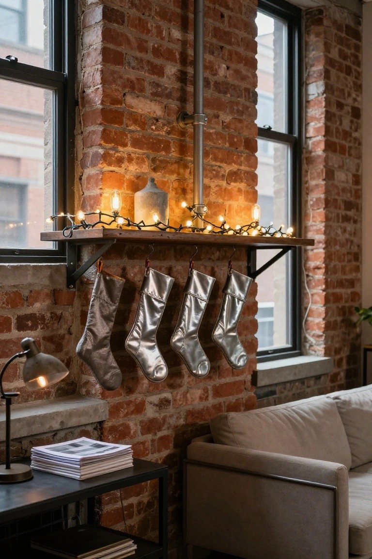 Exposed brick interior wall with wooden floating shelf holding string lights, ceramic pots, and four hanging silver metallic Christmas stockings, beside a lamp on a black side table stacked with magazines and a beige sofa.