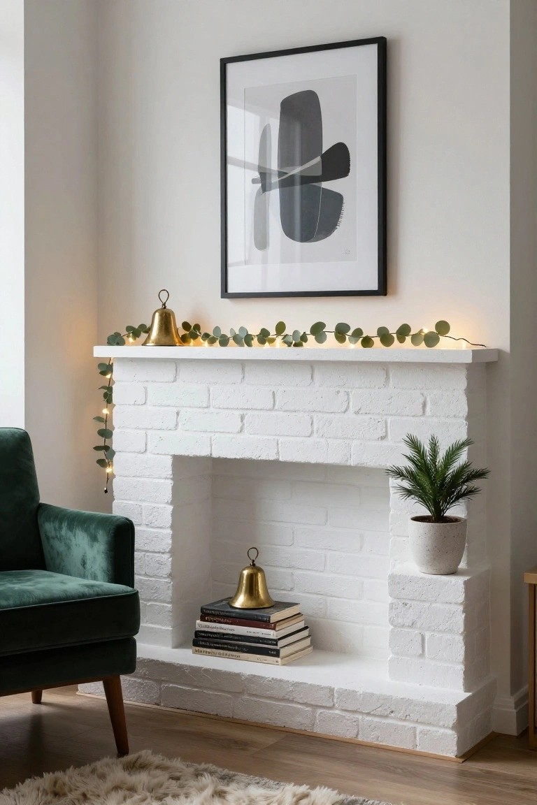 White brick fireplace mantel decorated with green eucalyptus garland strung with fairy lights and two brass bells, beside a green velvet armchair, stacked books, potted plant, and abstract wall art in a living room.